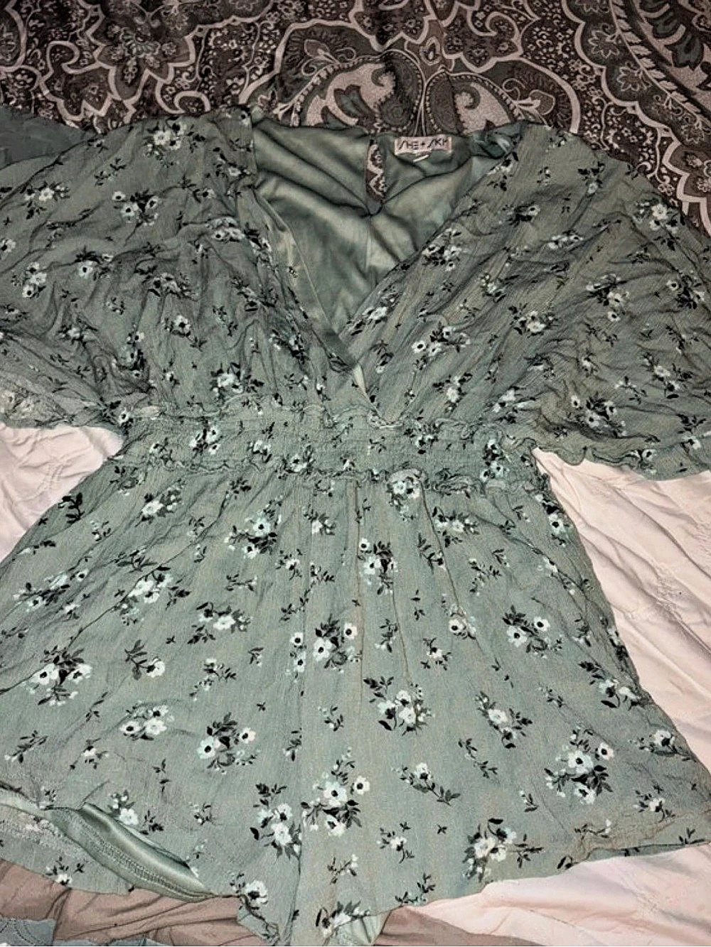 She + Sky Floral Romper in Green & White